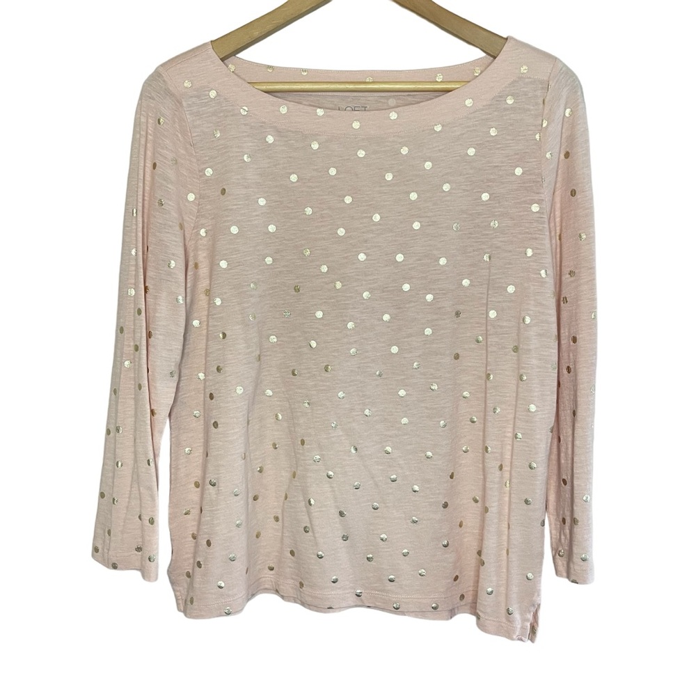 ❌SOLD❌NWT LOFT 3/4-Sleeve Boatneck Cotton T, Peach w/ Gold Metallic Polk-Dot - Picture 1 of 6